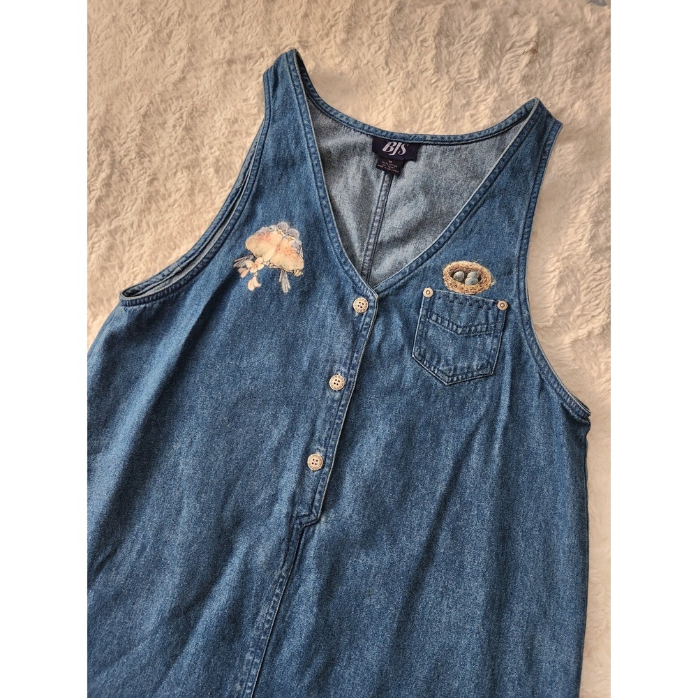 Vintage 90s BJS Denim Jumper Dress Women's‎ Medium Embroidered Bird Nest...